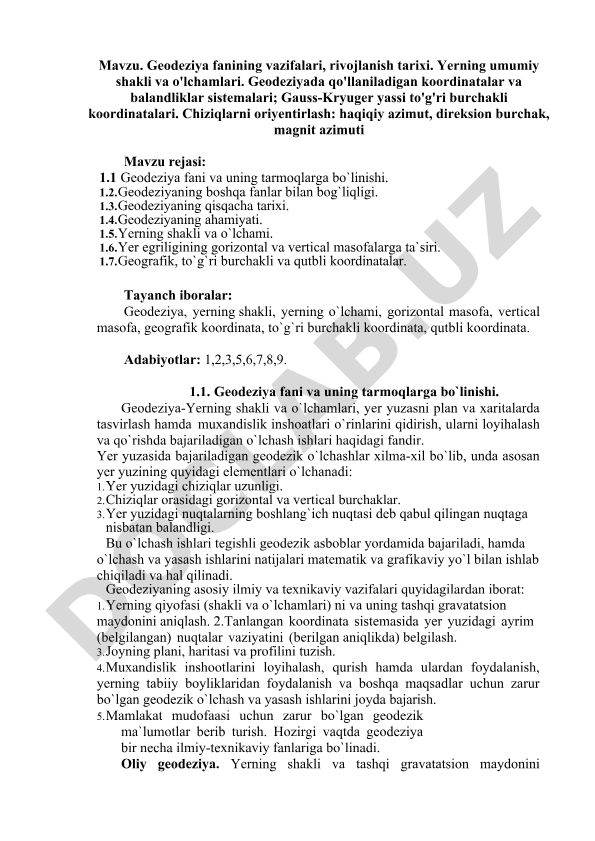 Geodeziya fanining vazifalari, rivojlanish tarixi va koordinatalar sistemalari