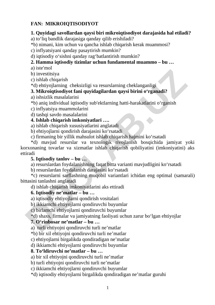 Mikroiqtisodiyot fanining asosiy tushunchalari va savollari