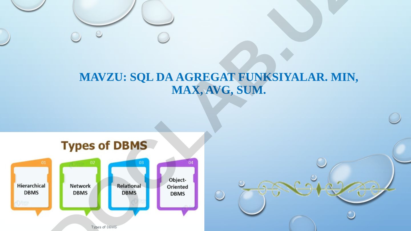 SQL da Agregat funksiyalar. MIN, MAX, AVG, SUM