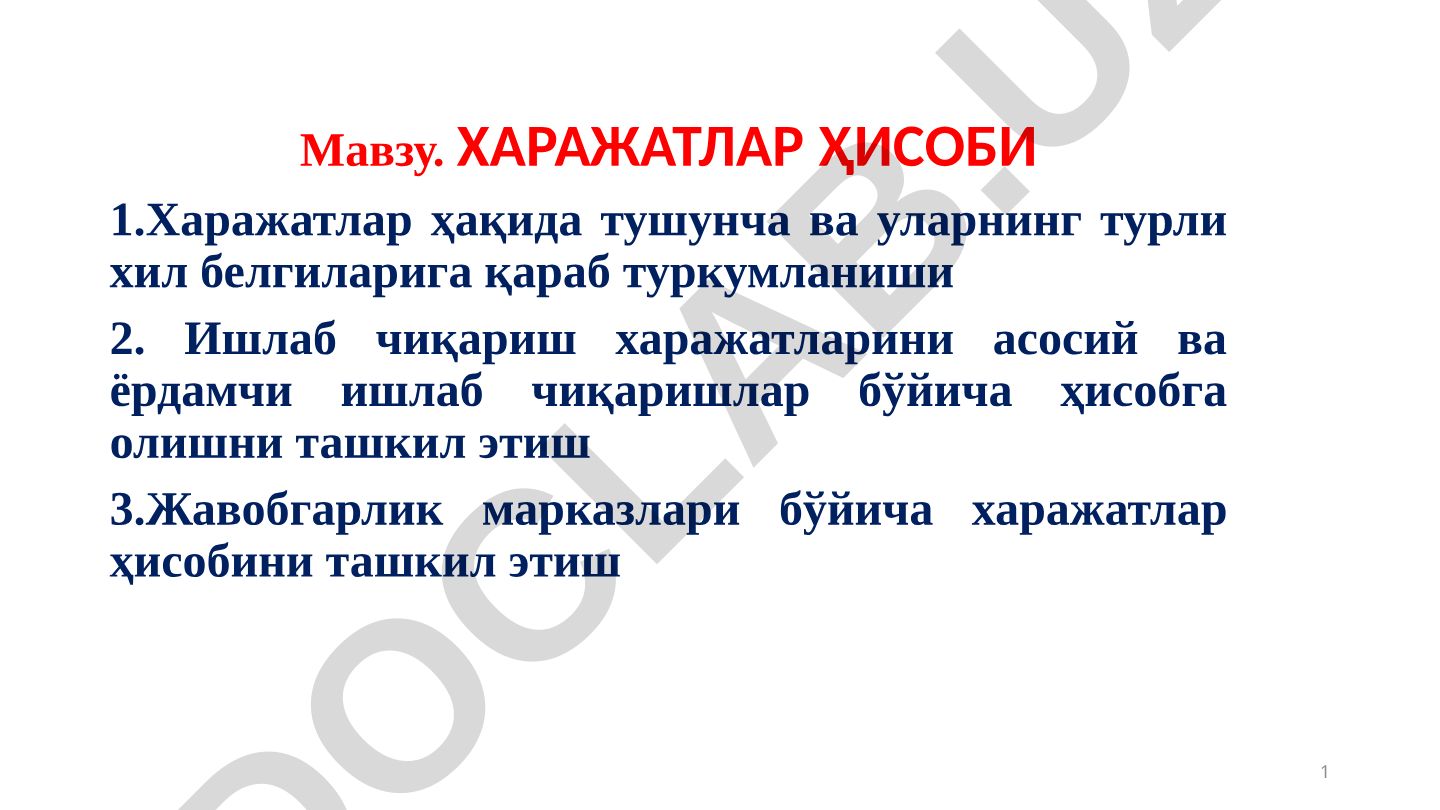 Харажатлар ҳақида тушунча ва уларнинг турли хил белгиларига қараб туркумланиши