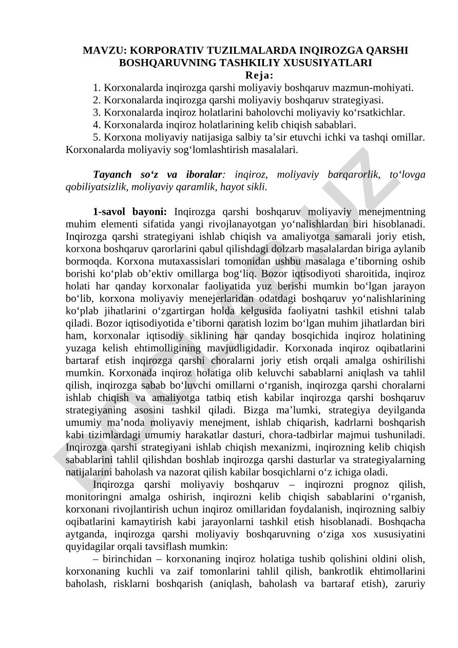 Korporativ tuzilmalarda inqirozga qarshi boshqaruvning tashkiliy xususiyatlari