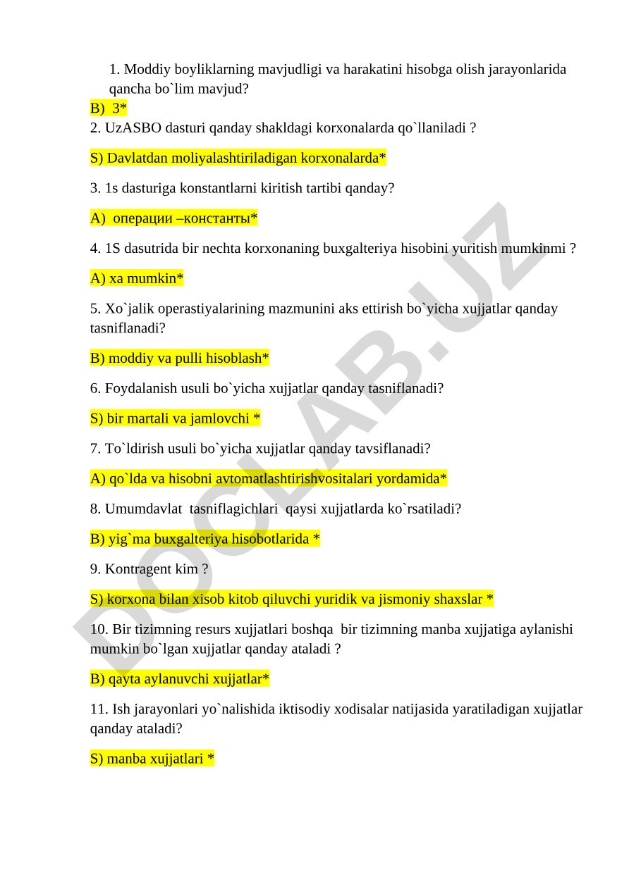 1S dasturi va buxgalteriya hisobi bo'yicha test savollari