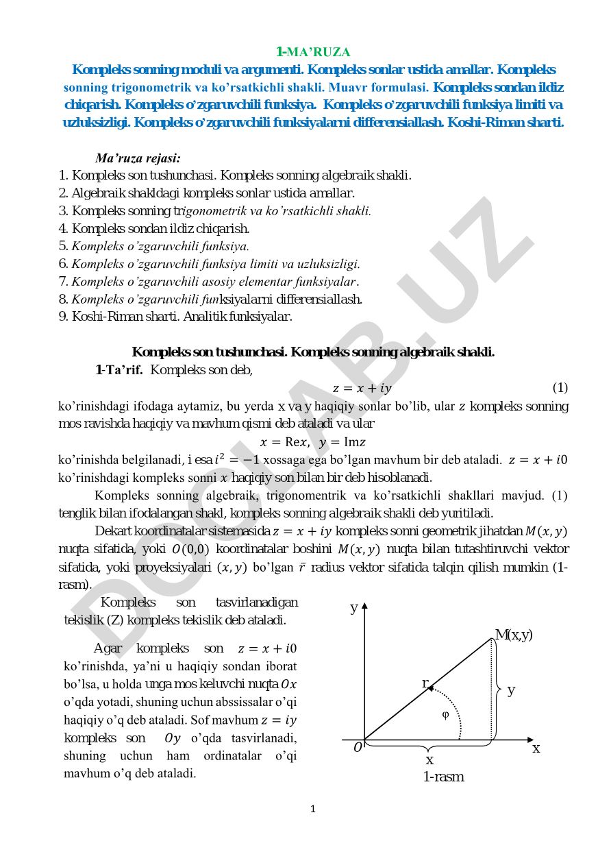 Kompleks sonlar va kompleks o'zgaruvchili funksiyalar