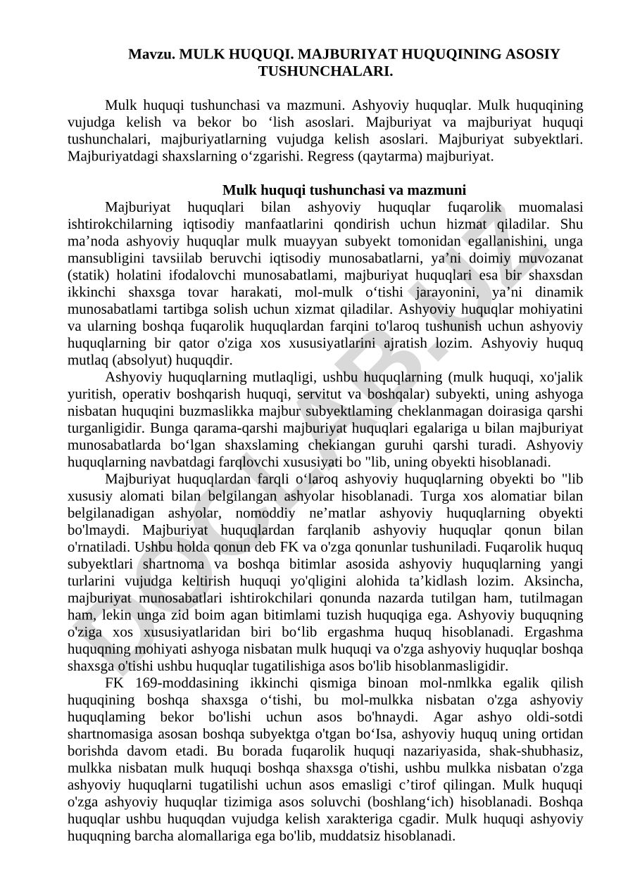 MULK HUQUQI. MAJBURIYAT HUQUQINING ASOSIY TUSHUNCHALARI