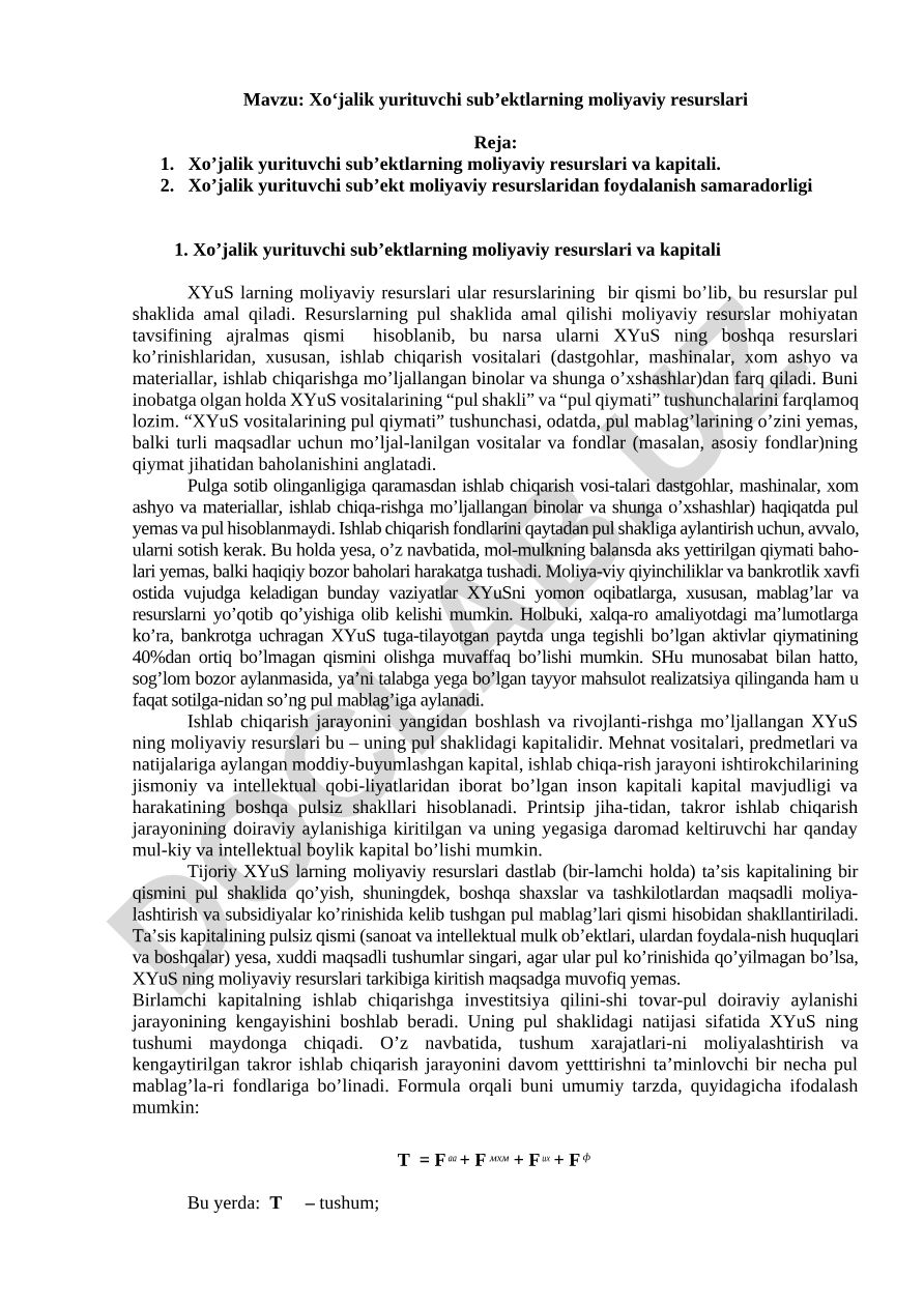 Xo‘jalik yurituvchi sub’ektlarning moliyaviy resurslari