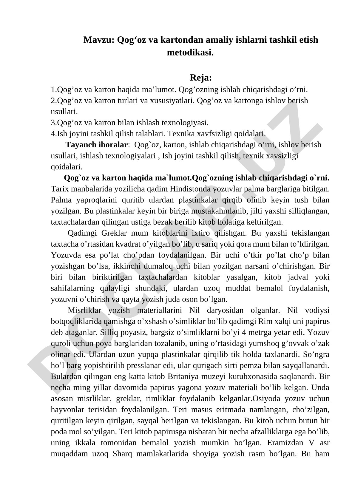 Qog‘oz va kartondan amaliy ishlarni tashkil etish metodikasi