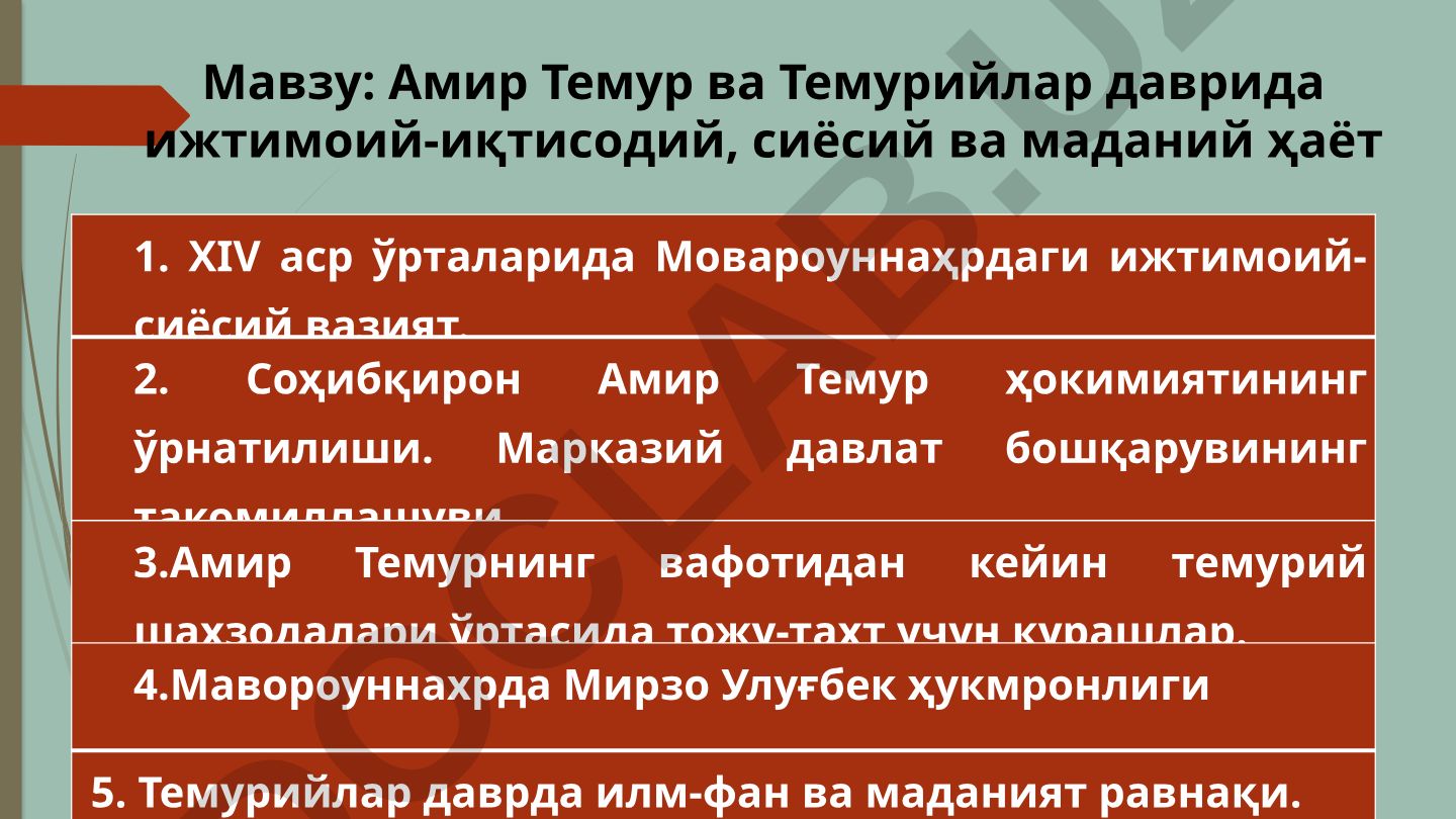 Амир Темур ва Темурийлар даврида ижтимоий-иқтисодий, сиёсий ва маданий ҳаёт