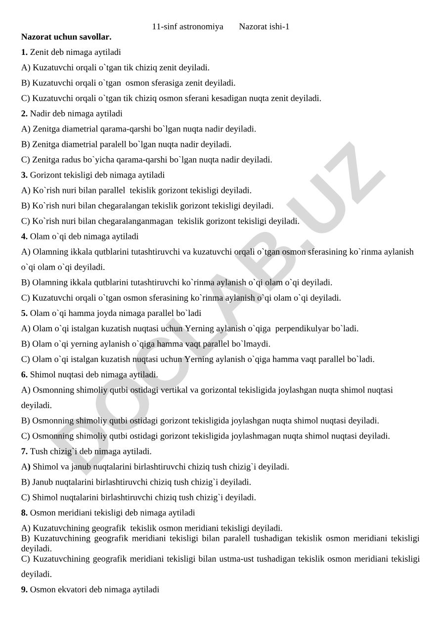 11-sinf astronomiya nazorat ishi uchun savollar