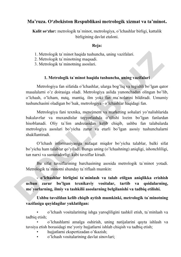 O‘zbekiston Respublikasi metrologik xizmat va ta’minot