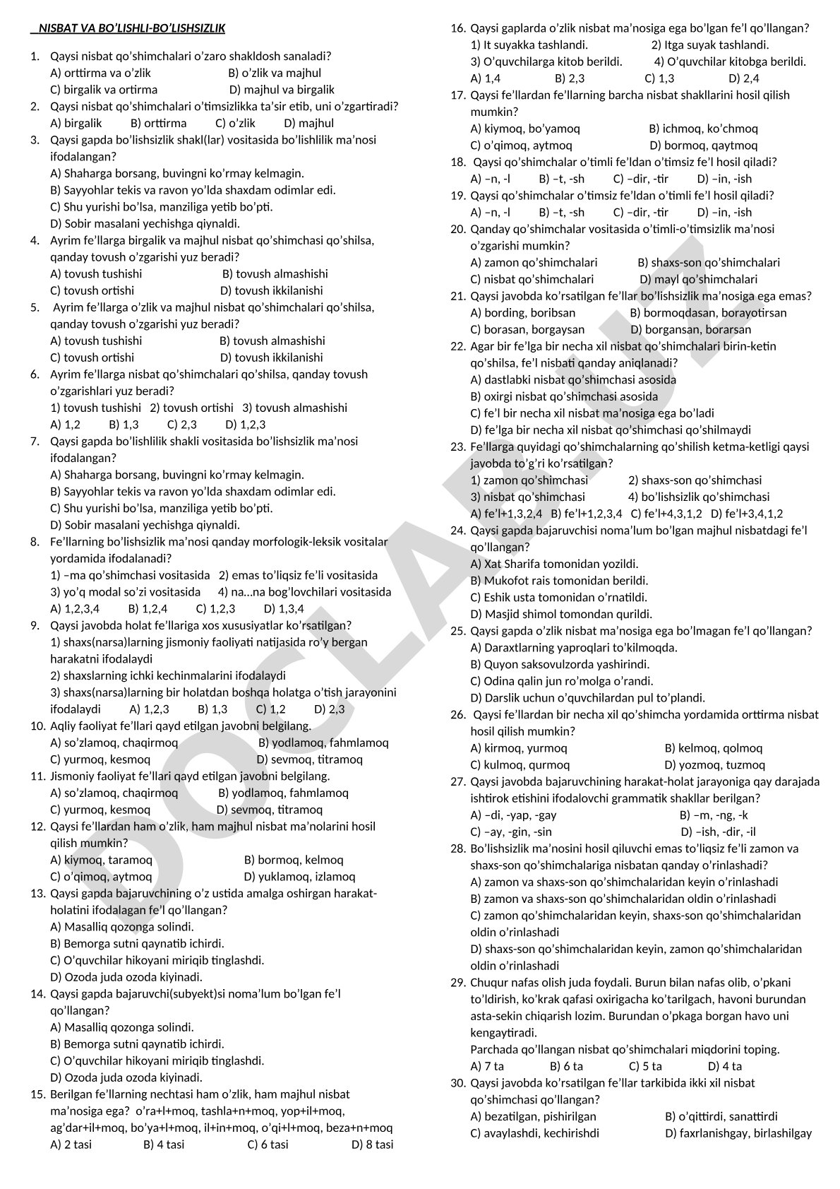 O'zbek tilida nisbat qo'shimchalari va bo'lishlilik-bo'lishsizlik shakllari