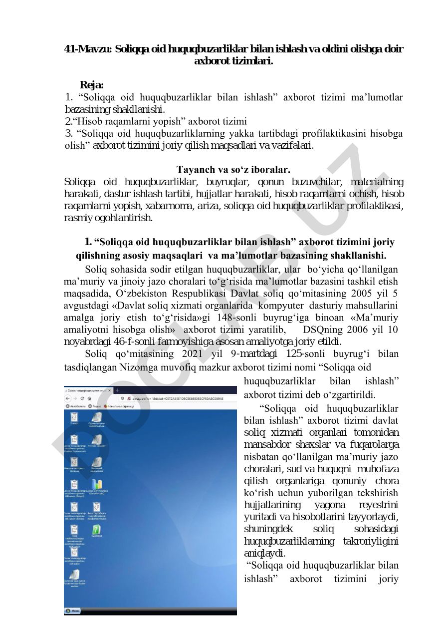 Soliqqa oid huquqbuzarliklar bilan ishlash va oldini olishga doir axborot tizimlari