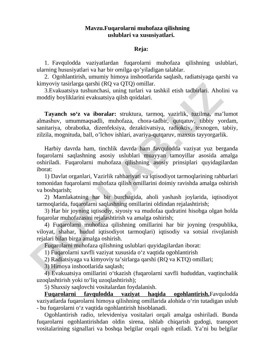Fuqarolarni muhofaza qilishning uslublari va xususiyatlari