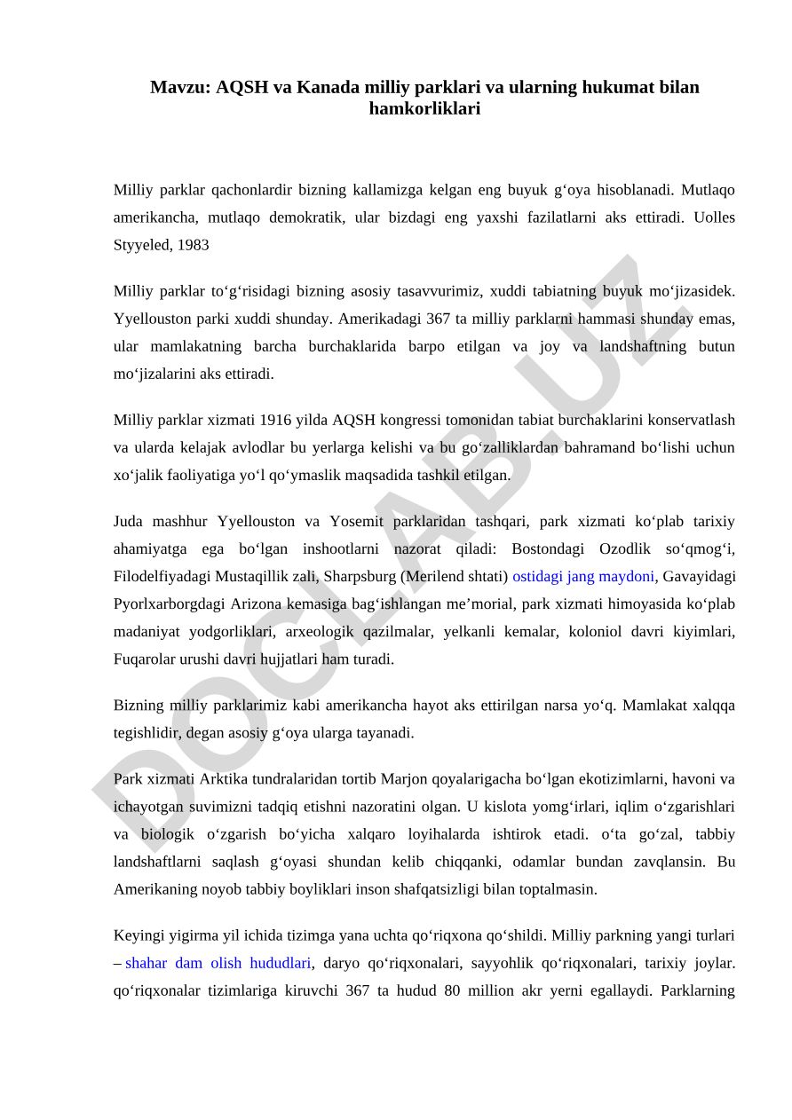 AQSH va Kanada milliy parklari va ularning hukumat bilan hamkorliklari