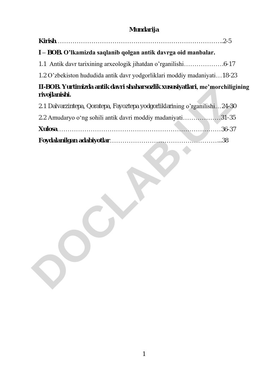 O'zbekistonda antik davr arxeologik yodgorliklari va moddiy madaniyati