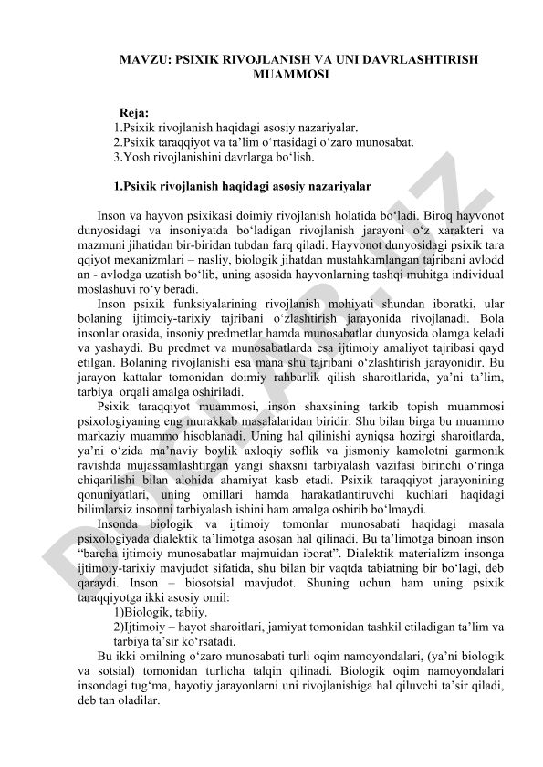 Psixik rivojlanish va uni davrlashtirish muammosi