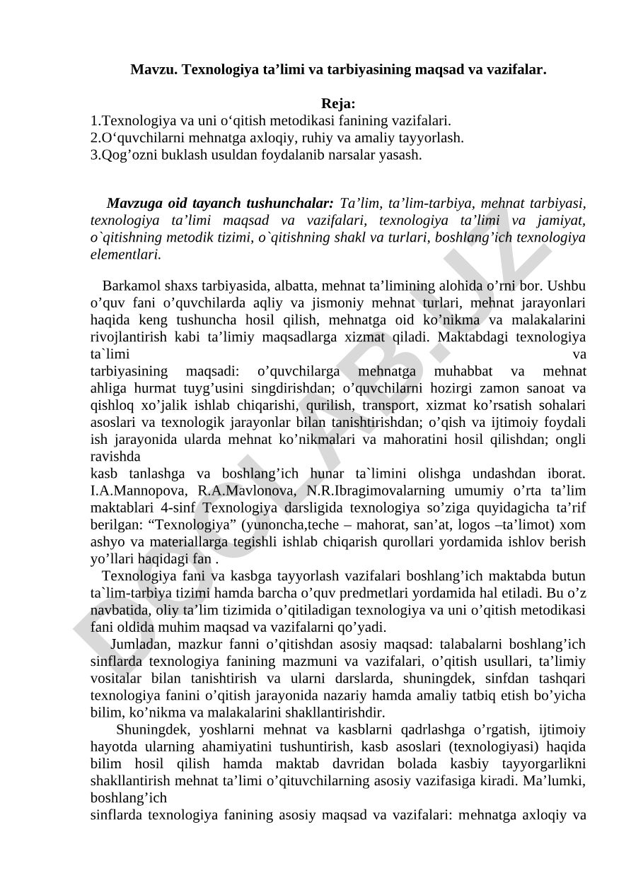 Texnologiya ta’limi va tarbiyasining maqsad va vazifalar