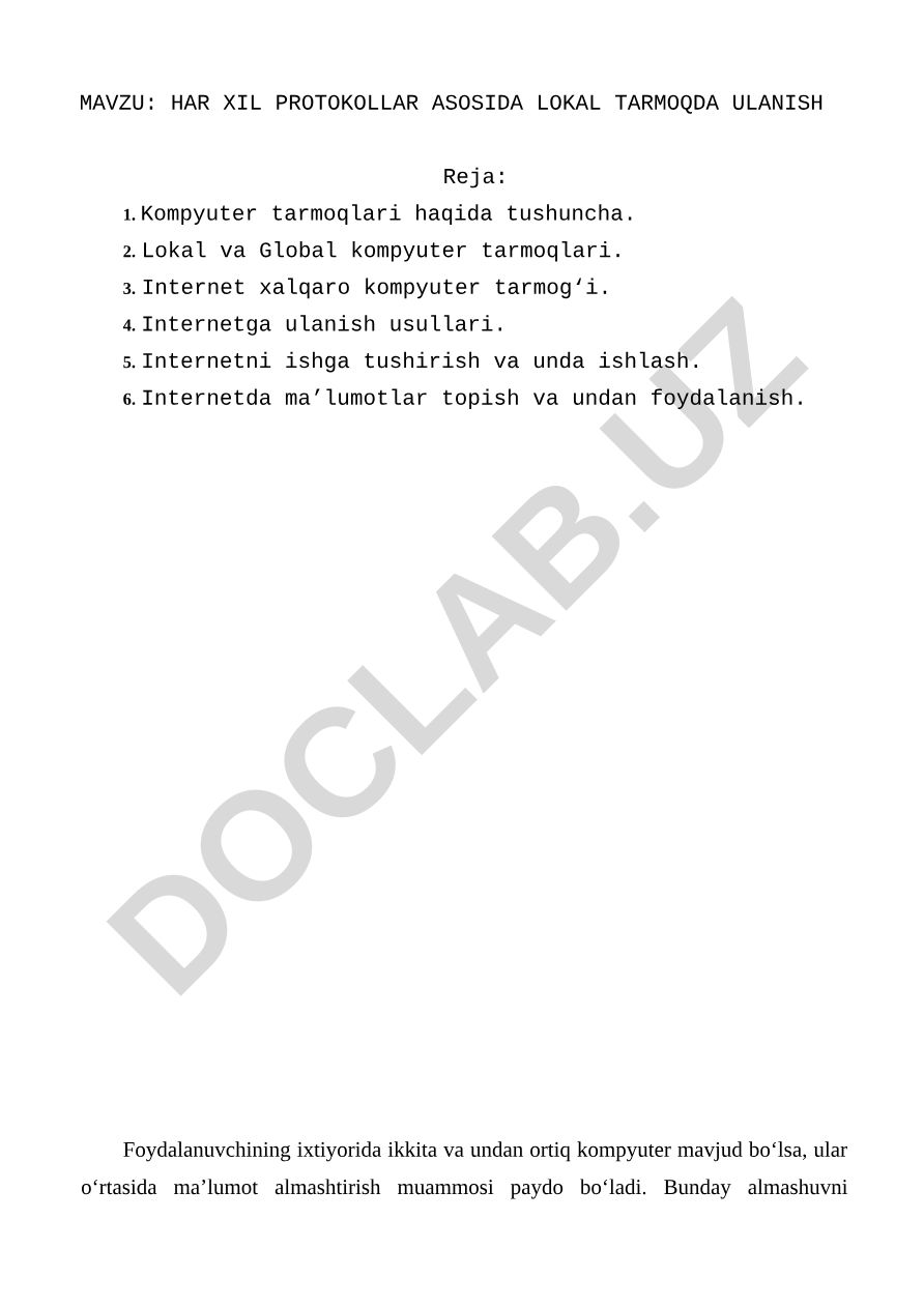 HAR XIL PROTOKOLLAR ASOSIDA LOKAL TARMOQDA ULANISH