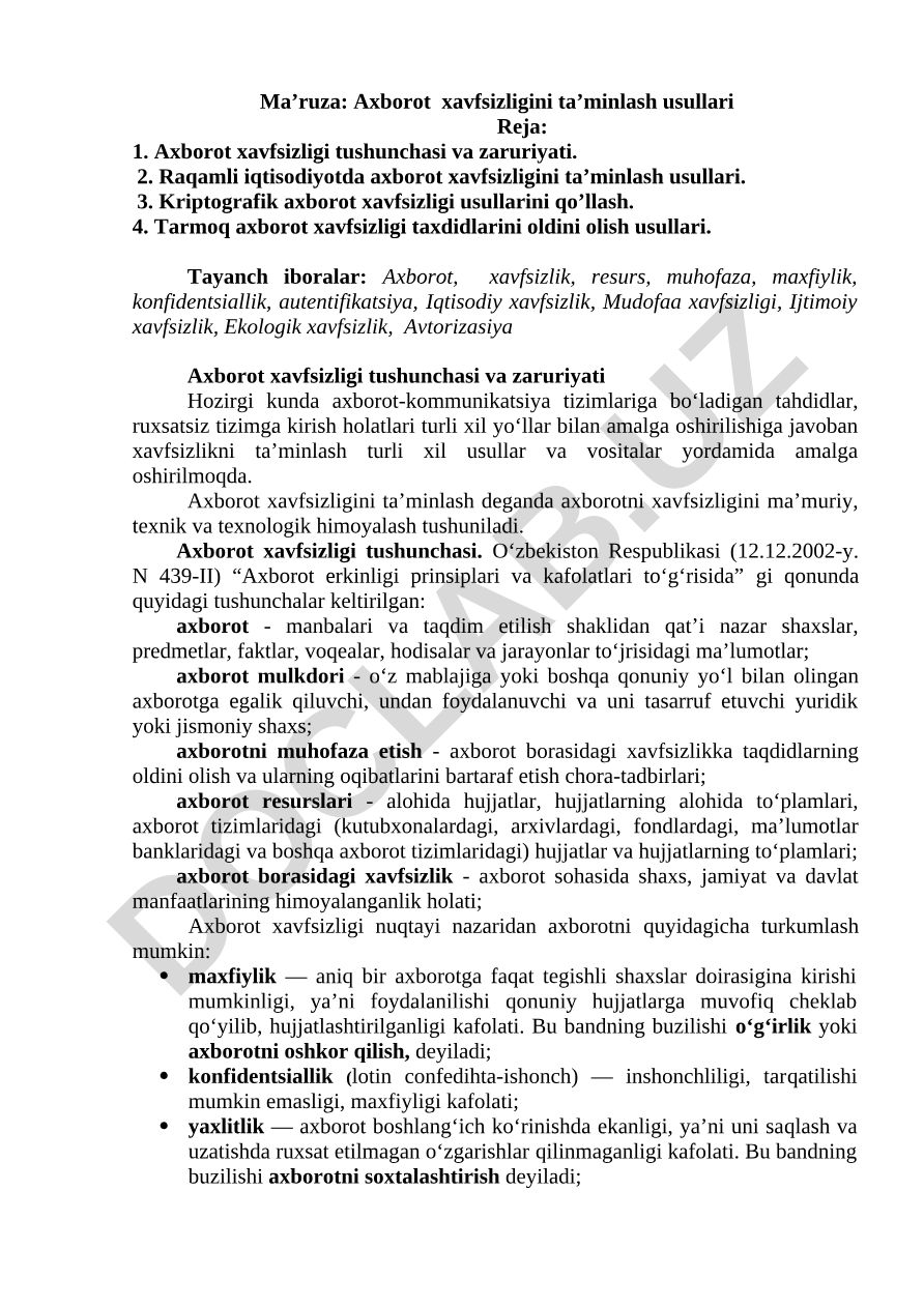 Axborot xavfsizligini ta’minlash usullari