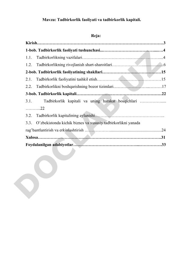 Tadbirkorlik faoliyati va tadbirkorlik kapitali
