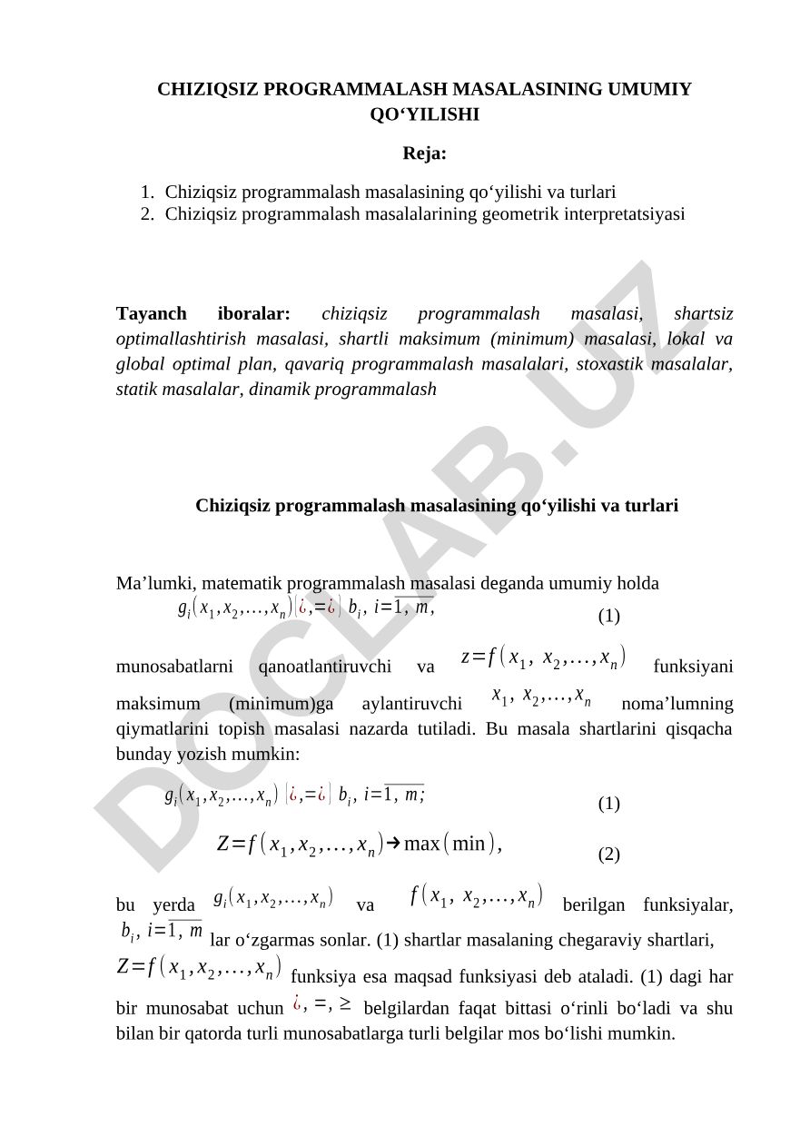 Chiziqsiz programmalash masalasining umumiy qo‘yilishi va turlari