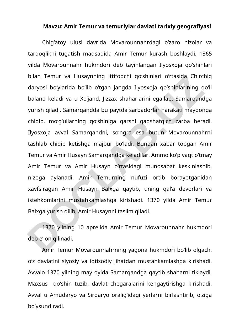Amir Temur va temuriylar davlati tarixiy geografiyasi