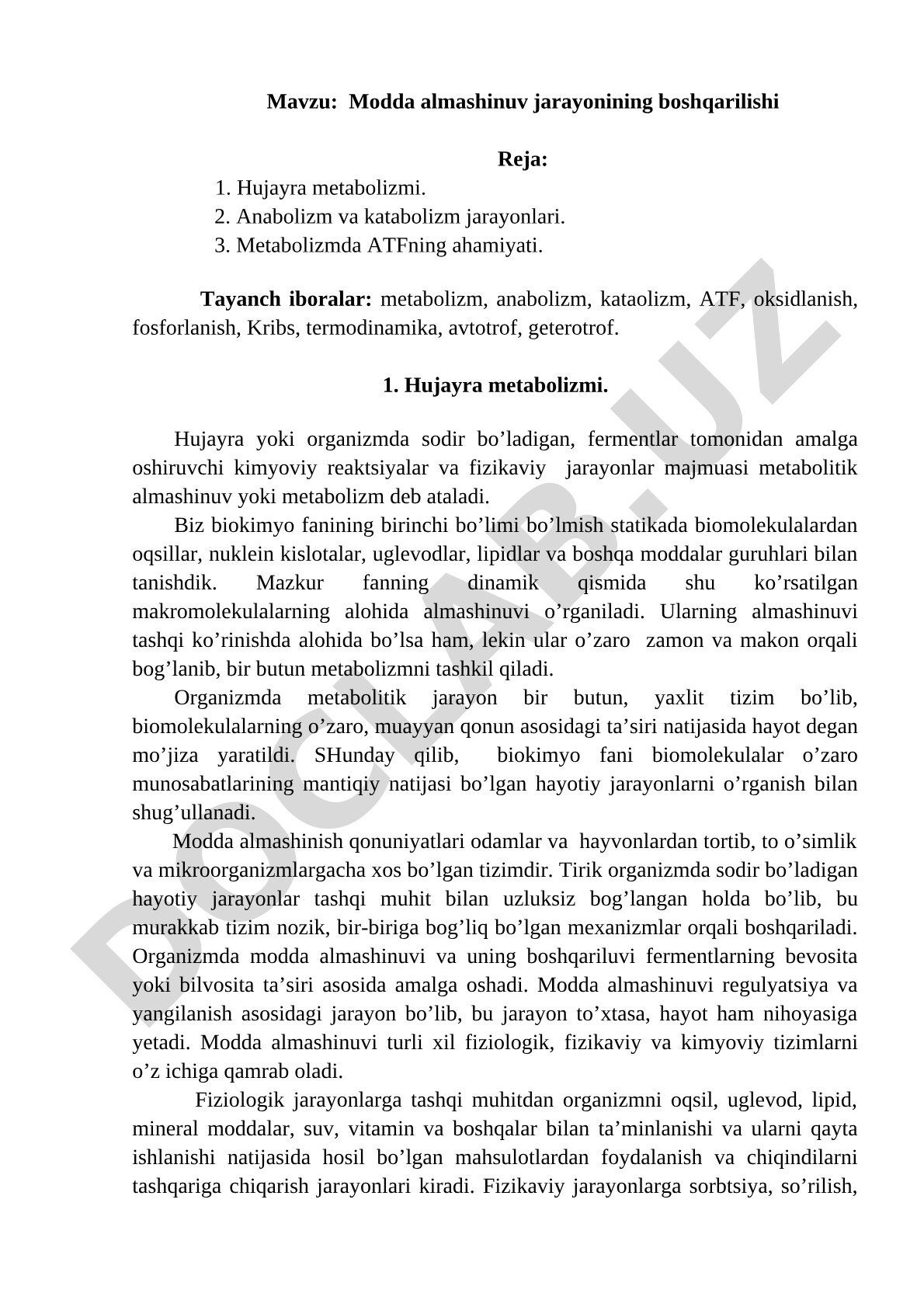 Modda almashinuv jarayonining boshqarilishi