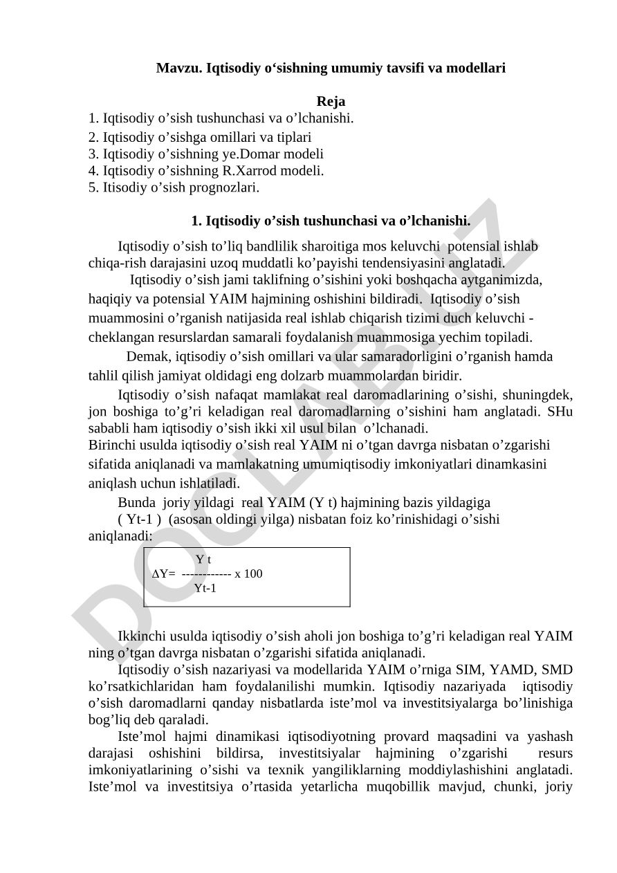 Iqtisodiy o‘sishning umumiy tavsifi va modellari