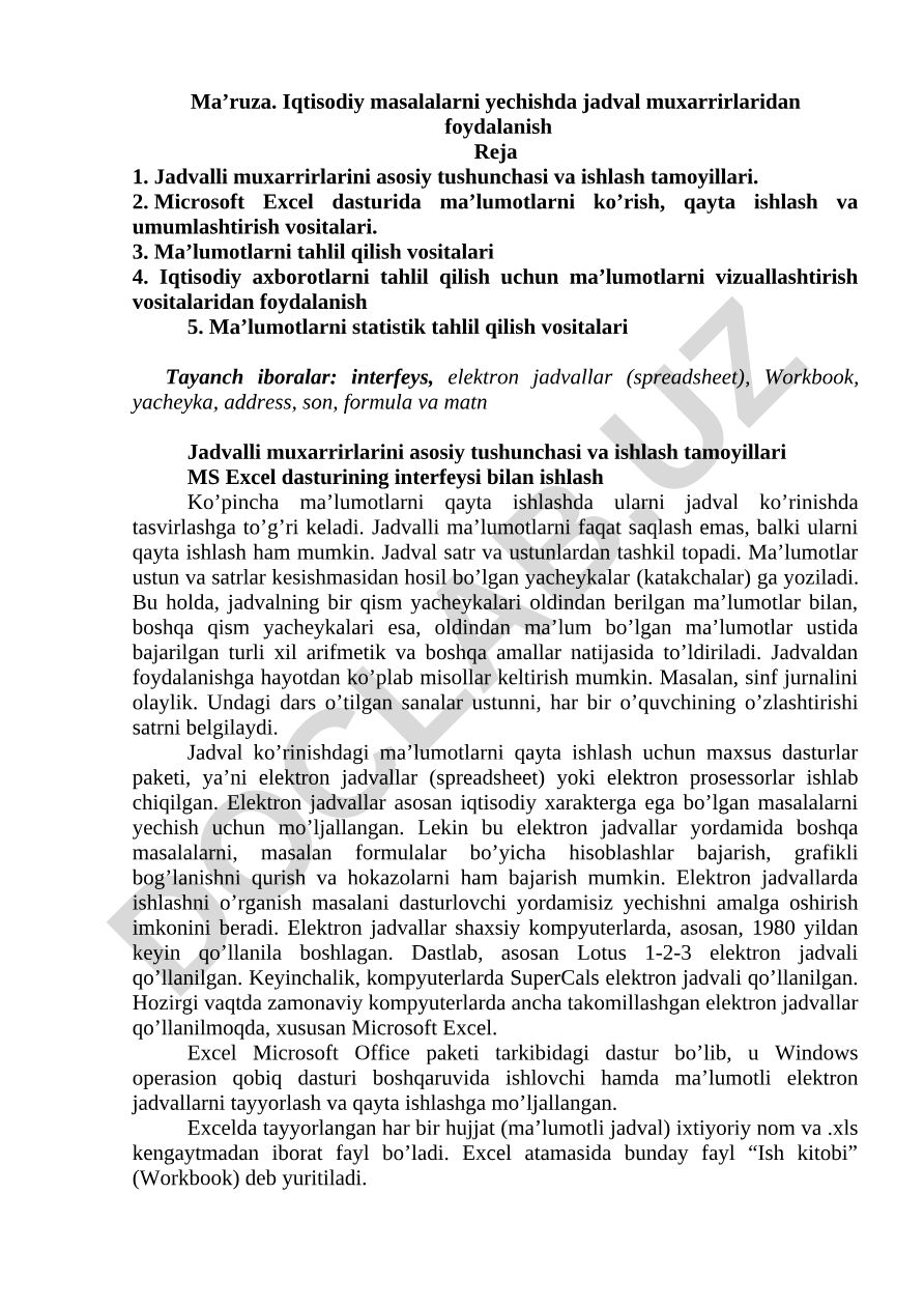 Iqtisodiy masalalarni yechishda jadval muxarrirlaridan foydalanish