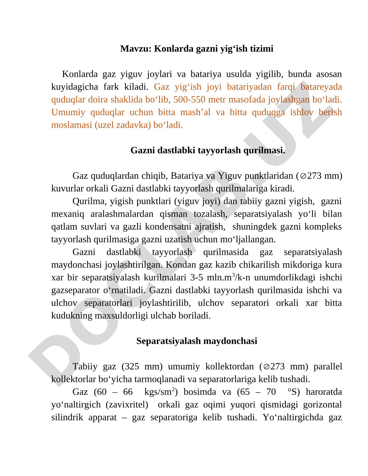Gazni yig'ish tizimi kurs ishi