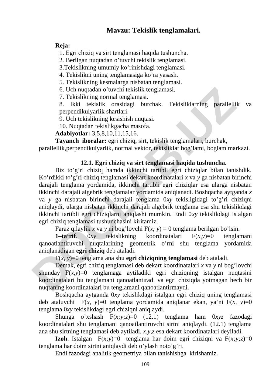 Tekislik tenglamalari