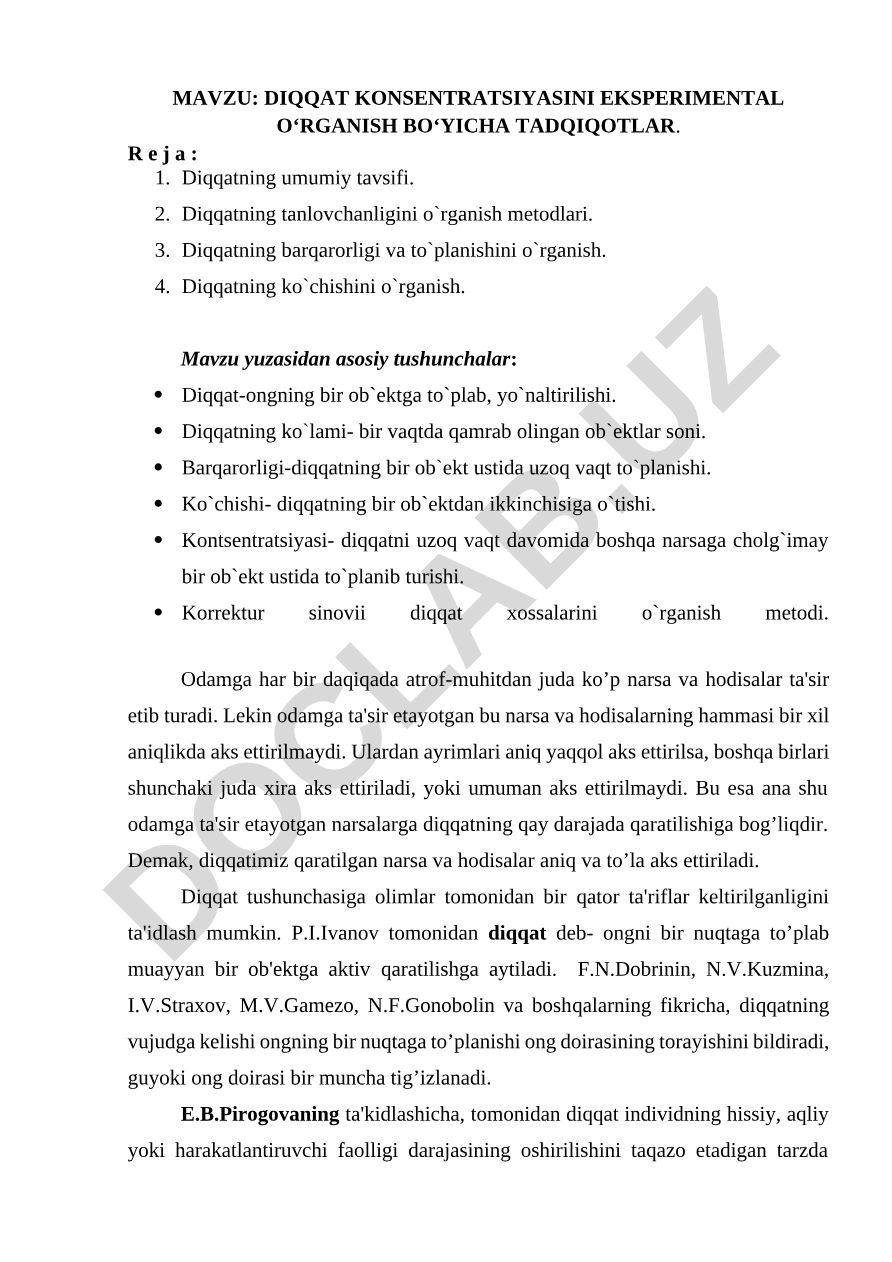 DIQQAT KONSENTRATSIYASINI EKSPERIMENTAL O‘RGANISH BO‘YICHA TADQIQOTLAR