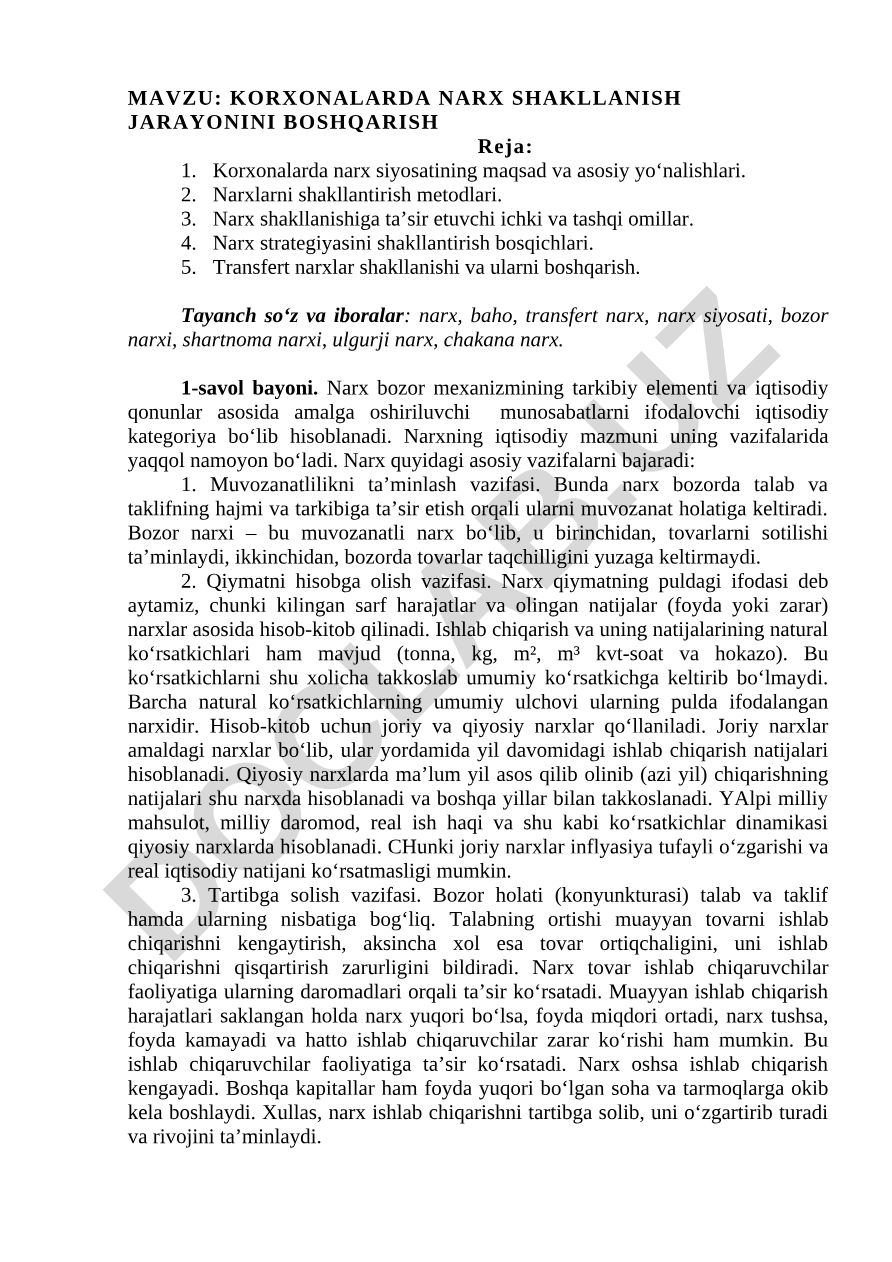 KORXONALARDA NARX SHAKLLANISH JARAYONINI BOSHQARISH