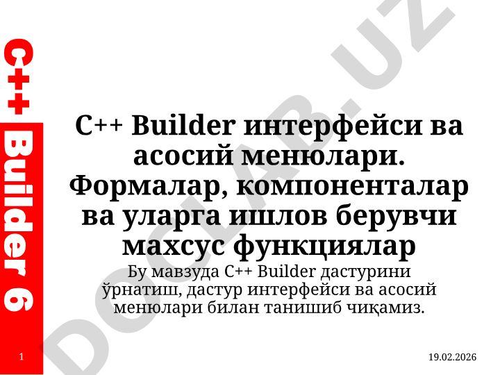 C++ Builder интерфейси ва асосий менюлари