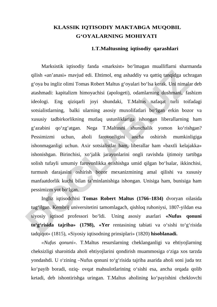 Klassik iqtisodiy maktabga muqobil g'oyalarning mohiyati