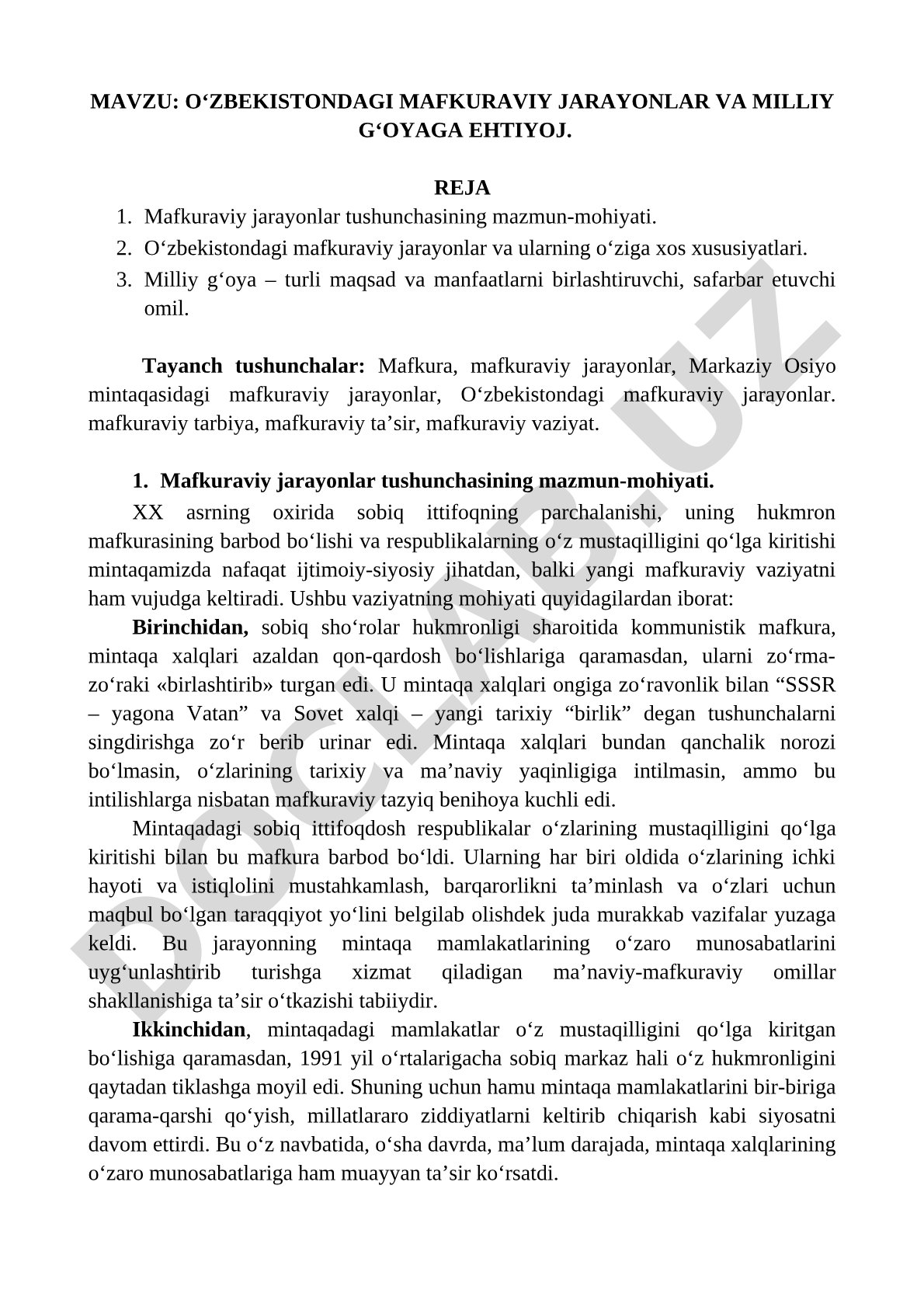 O‘zbekistondagi mafkuraviy jarayonlar va milliy g‘oyaga ehtiyoj