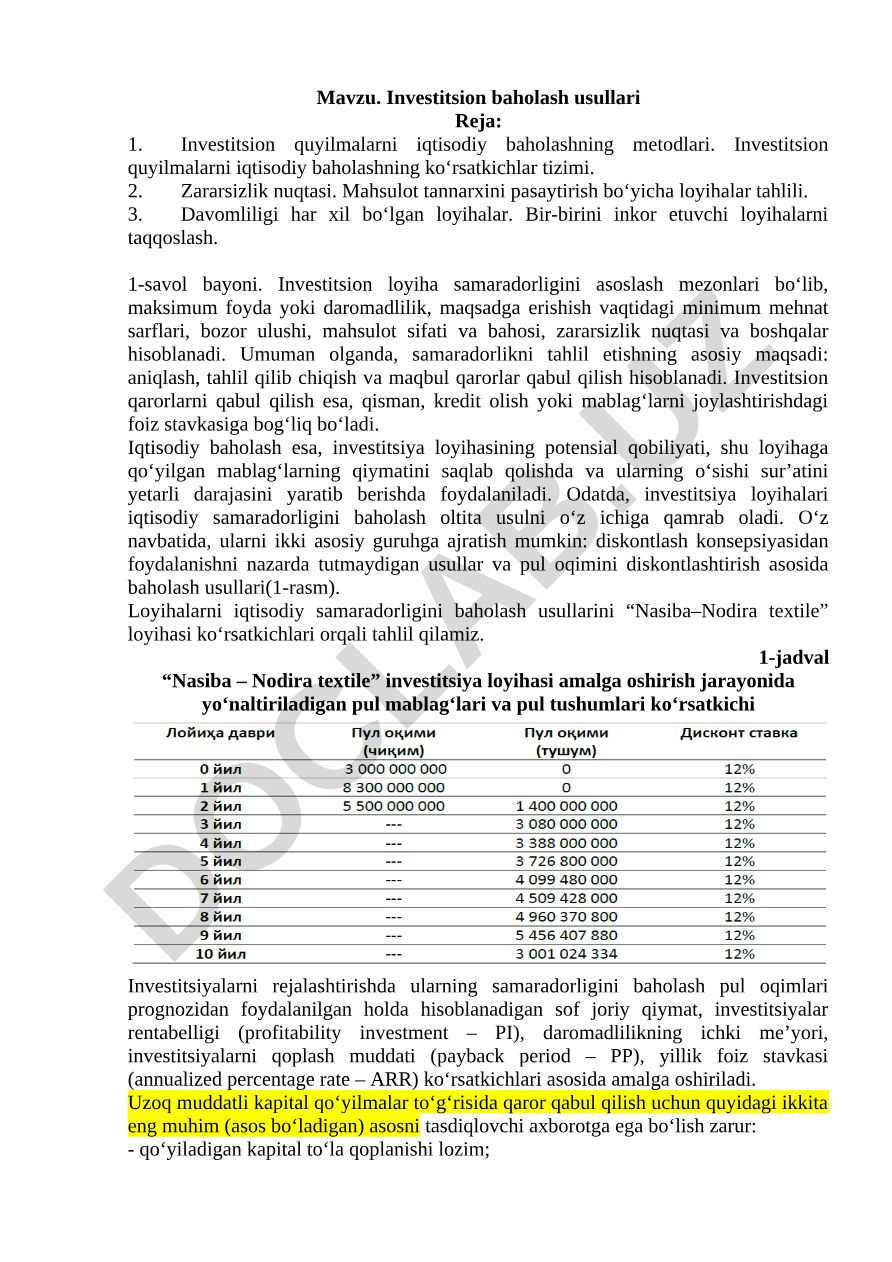Investitsion baholash usullari
