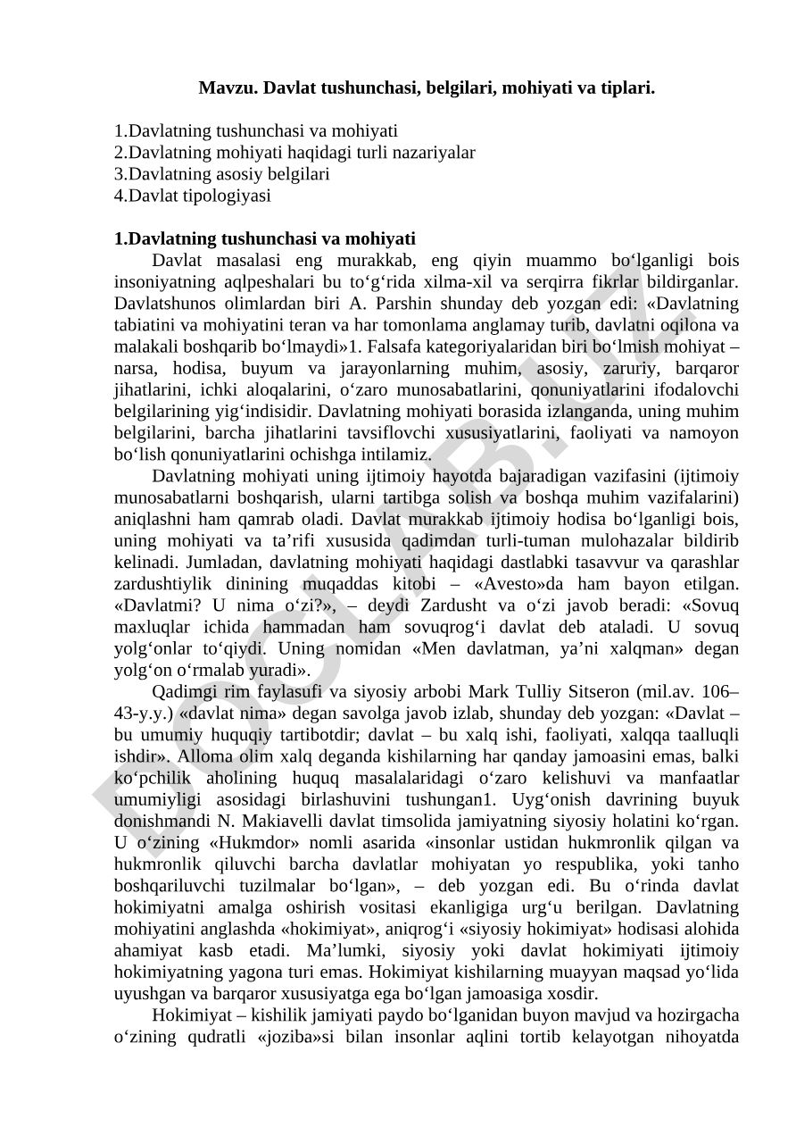 Davlat tushunchasi, belgilari, mohiyati va tiplari