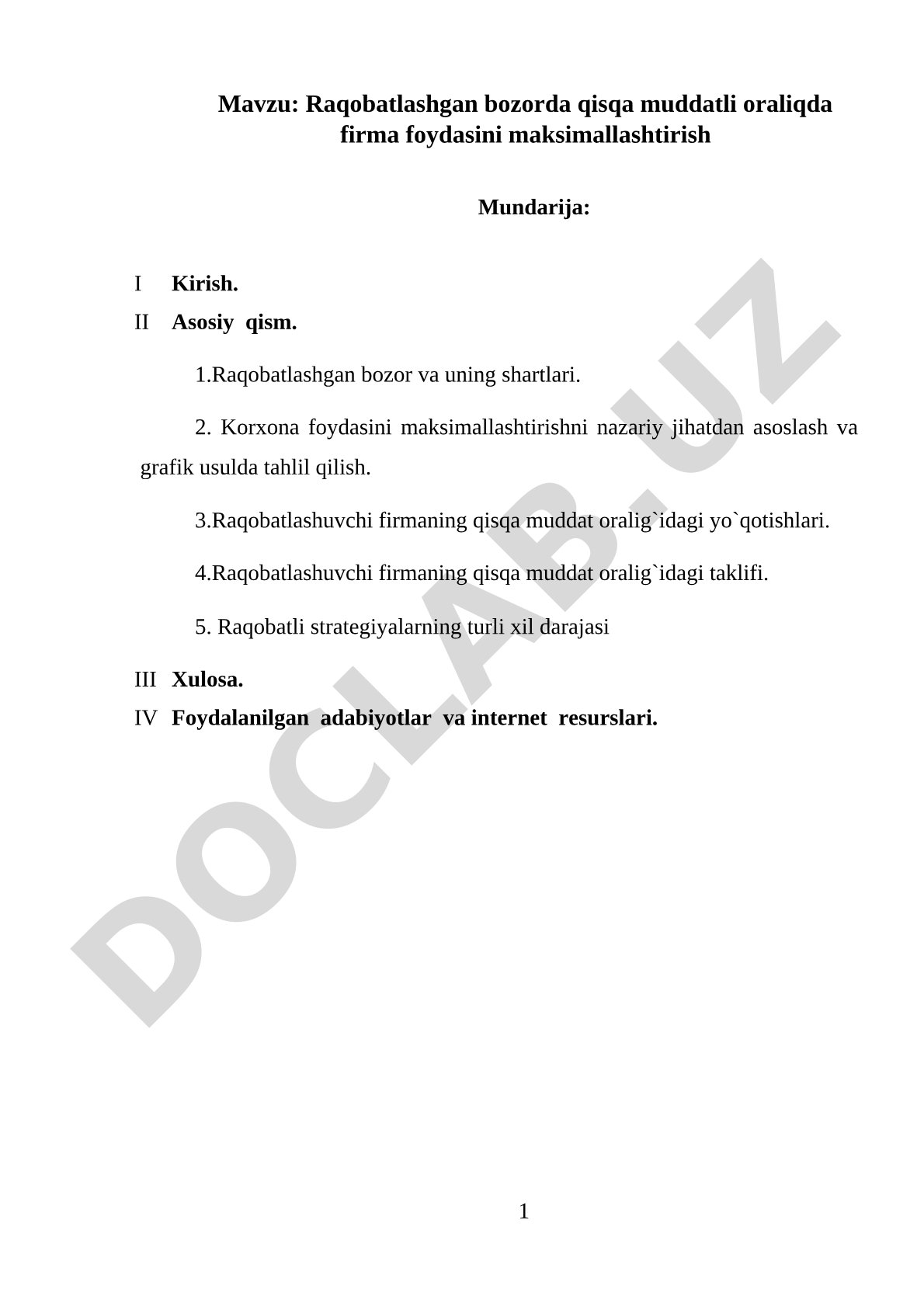 Raqobatlashgan bozorda qisqa muddatli oraliqda firma foydasini maksimallashtirish