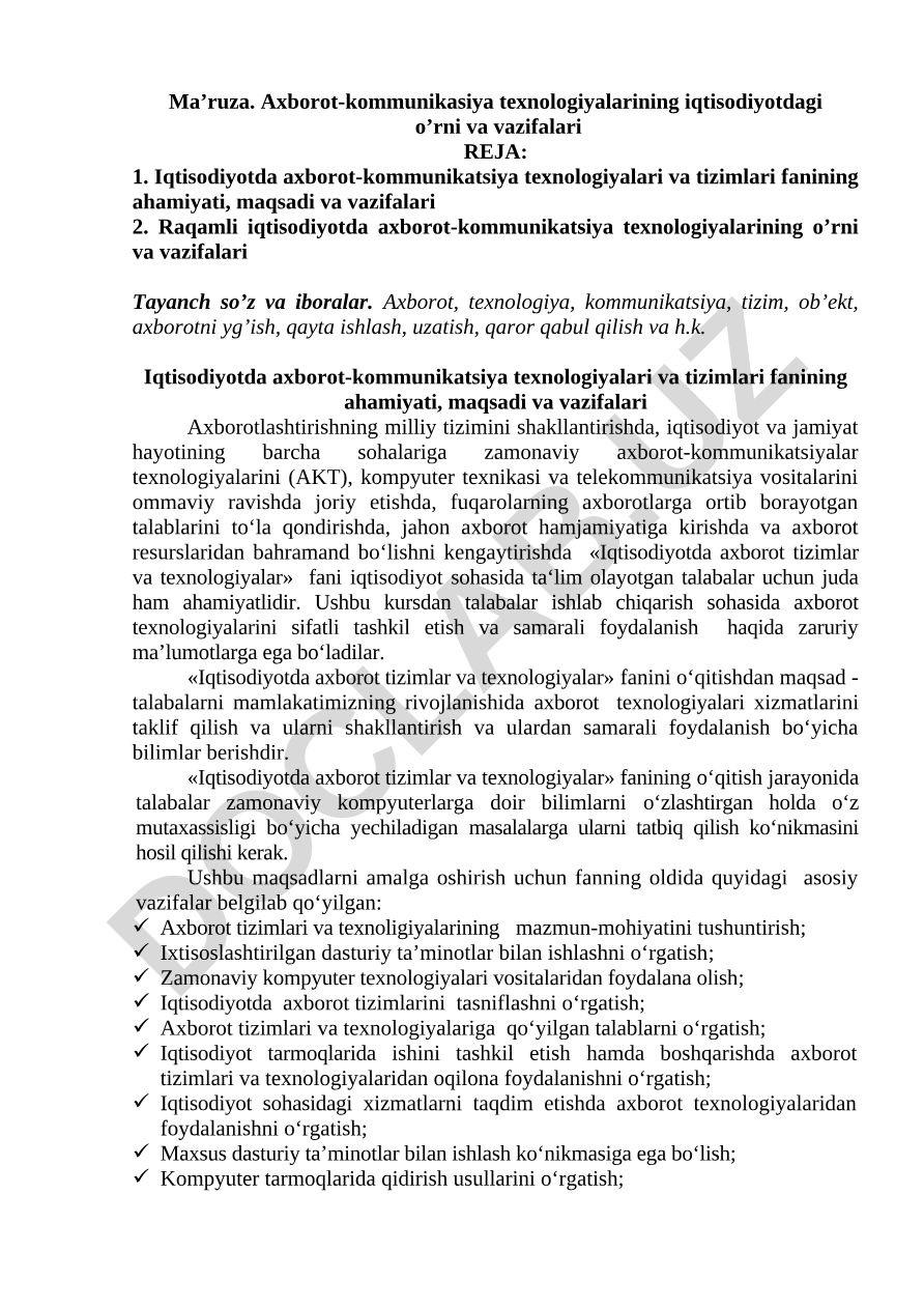 Axborot-kommunikatsiya texnologiyalarining iqtisodiyotdagi o'rni va vazifalari