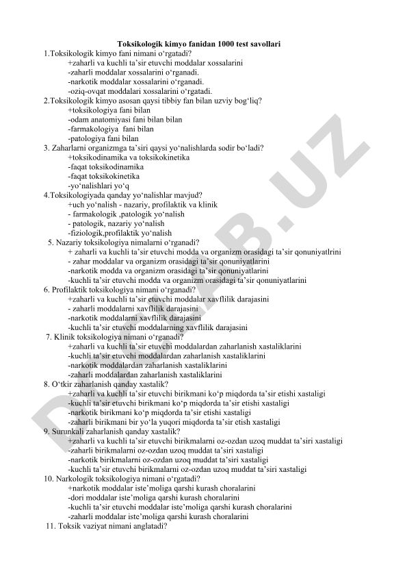 Toksikologik kimyo fanidan 1000 test savollari