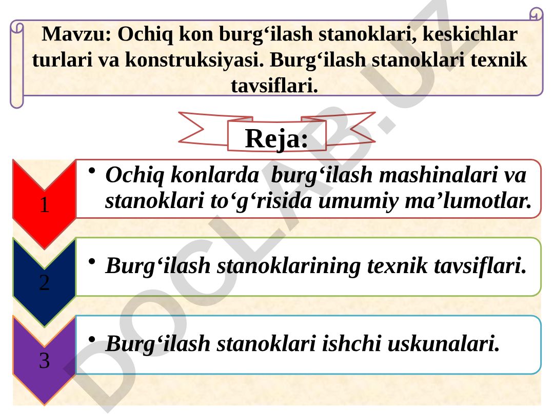 Ochiq kon burg‘ilash stanoklari, keskichlar turlari va konstruksiyasi. Burg‘ilash stanoklari texnik tavsiflari