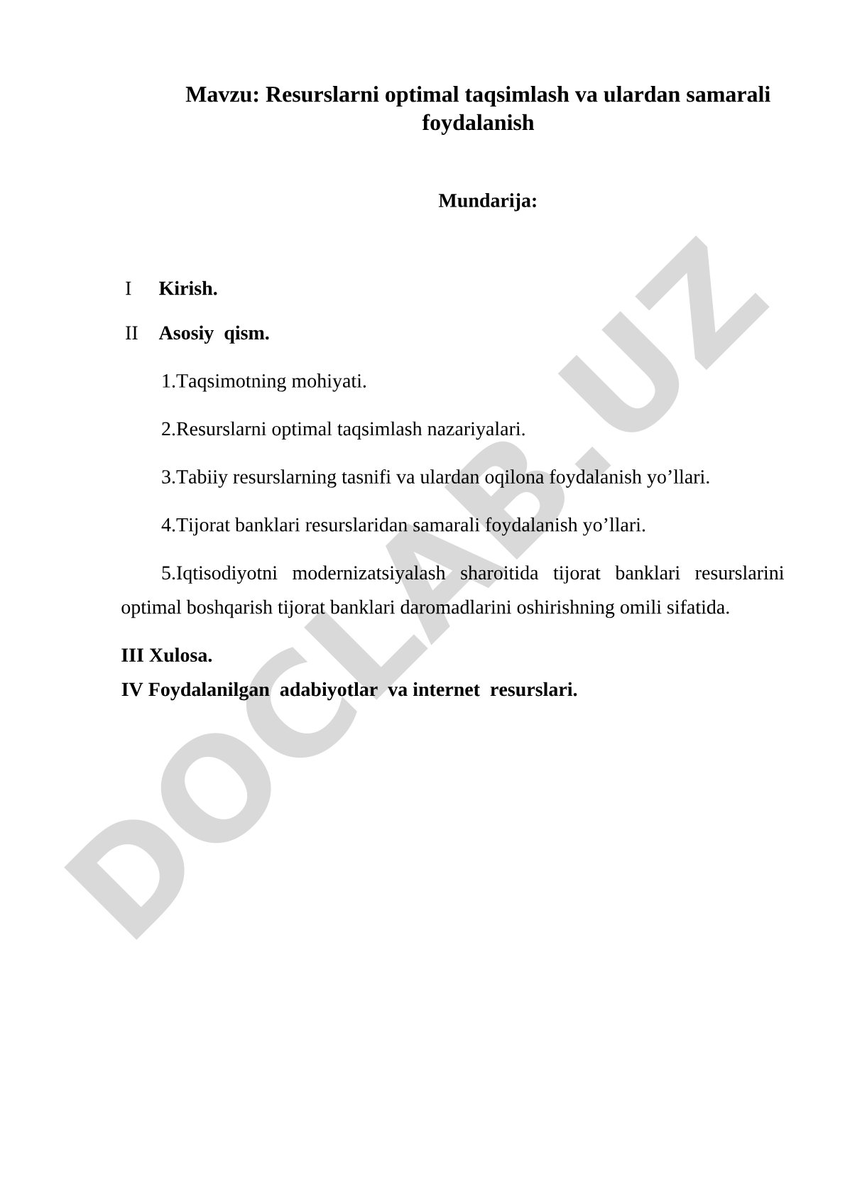 Resurslarni optimal taqsimlash va ulardan samarali foydalanish