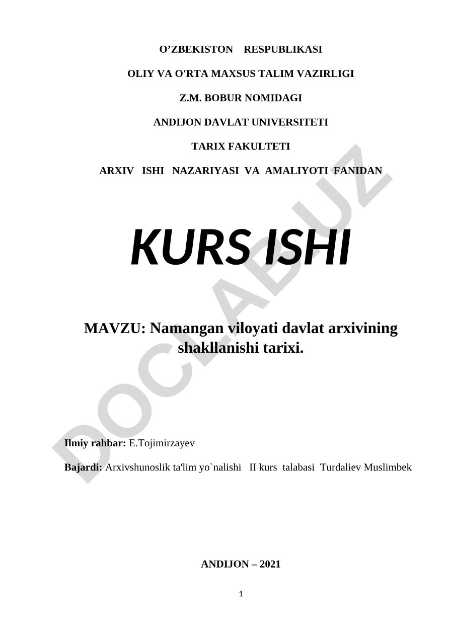 Namangan viloyati davlat arxivining shakllanishi tarixi