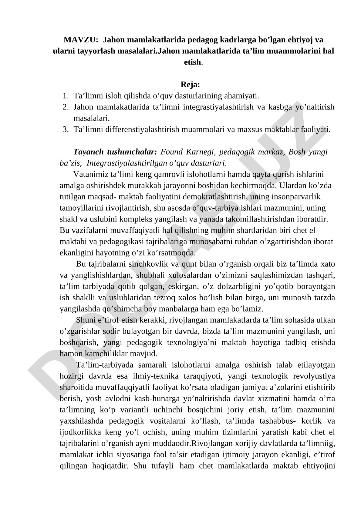 Jahon mamlakatlarida pedagog kadrlarga bo'lgan ehtiyoj va ularni tayyorlash masalalari