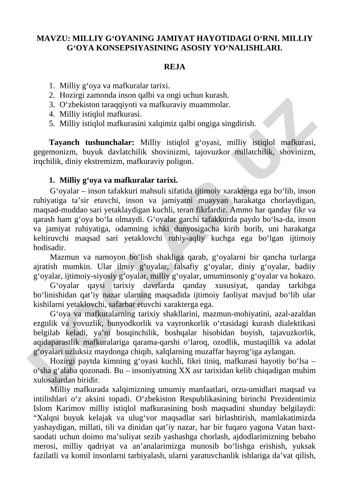 Milliy g‘oyaning jamiyat hayotidagi o‘rni. Milliy g‘oya konsepsiyasining asosiy yo‘nalishlari