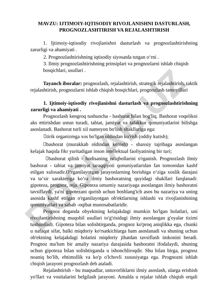 IJTIMOIY-IQTISODIY RIVOJLANISHNI DASTURLASH, PROGNOZLASHTIRISH VA REJALASHTIRISH