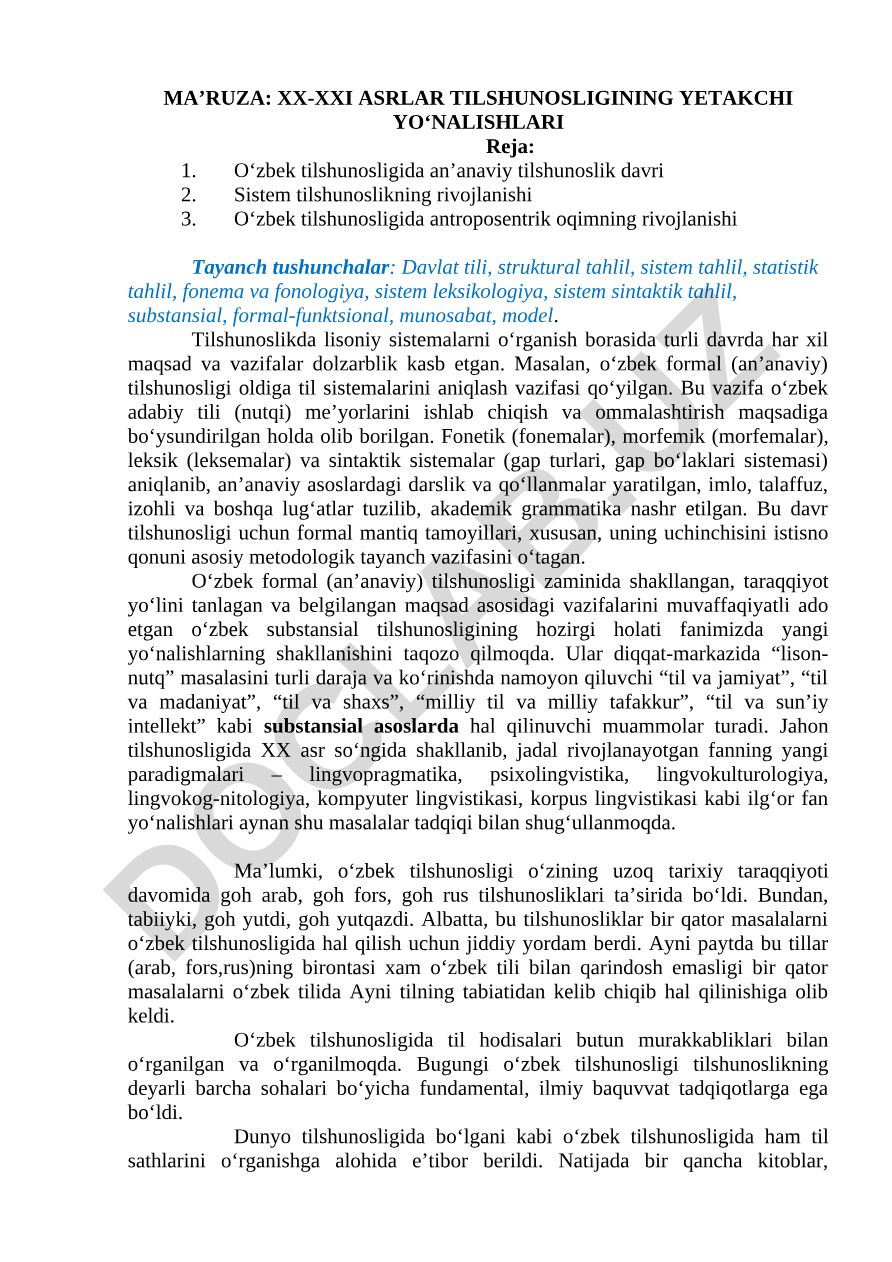 XX-XXI asrlar tilshunosligining yetakchi yoʻnalishlari
