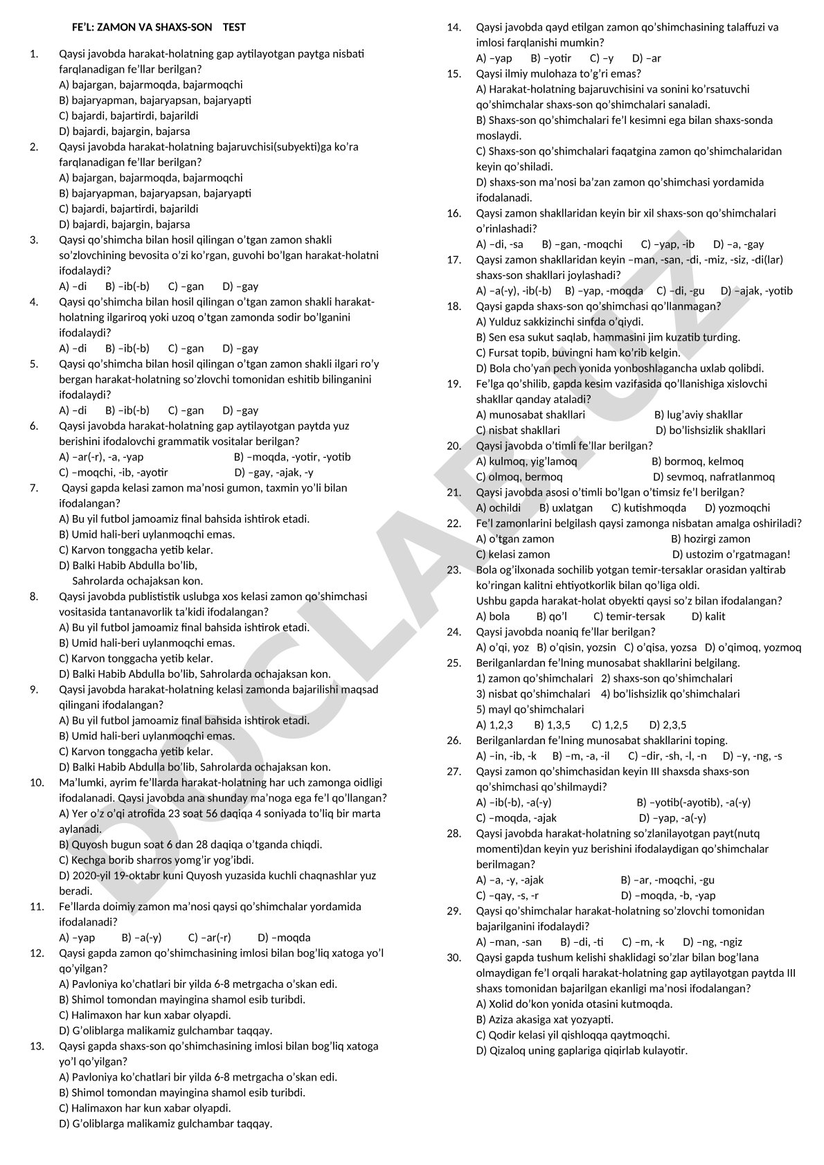 Fe’l zamon va shaxs-son test savollari