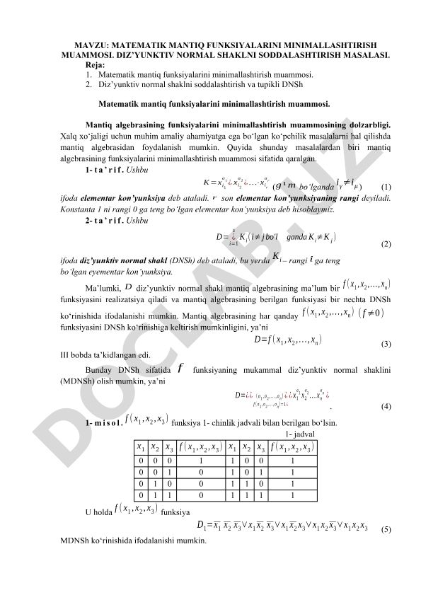 Matematik mantiq funksiyalarini minimallashtirish muammosi. Diz’yunktiv normal shaklni soddalashtirish masalasi