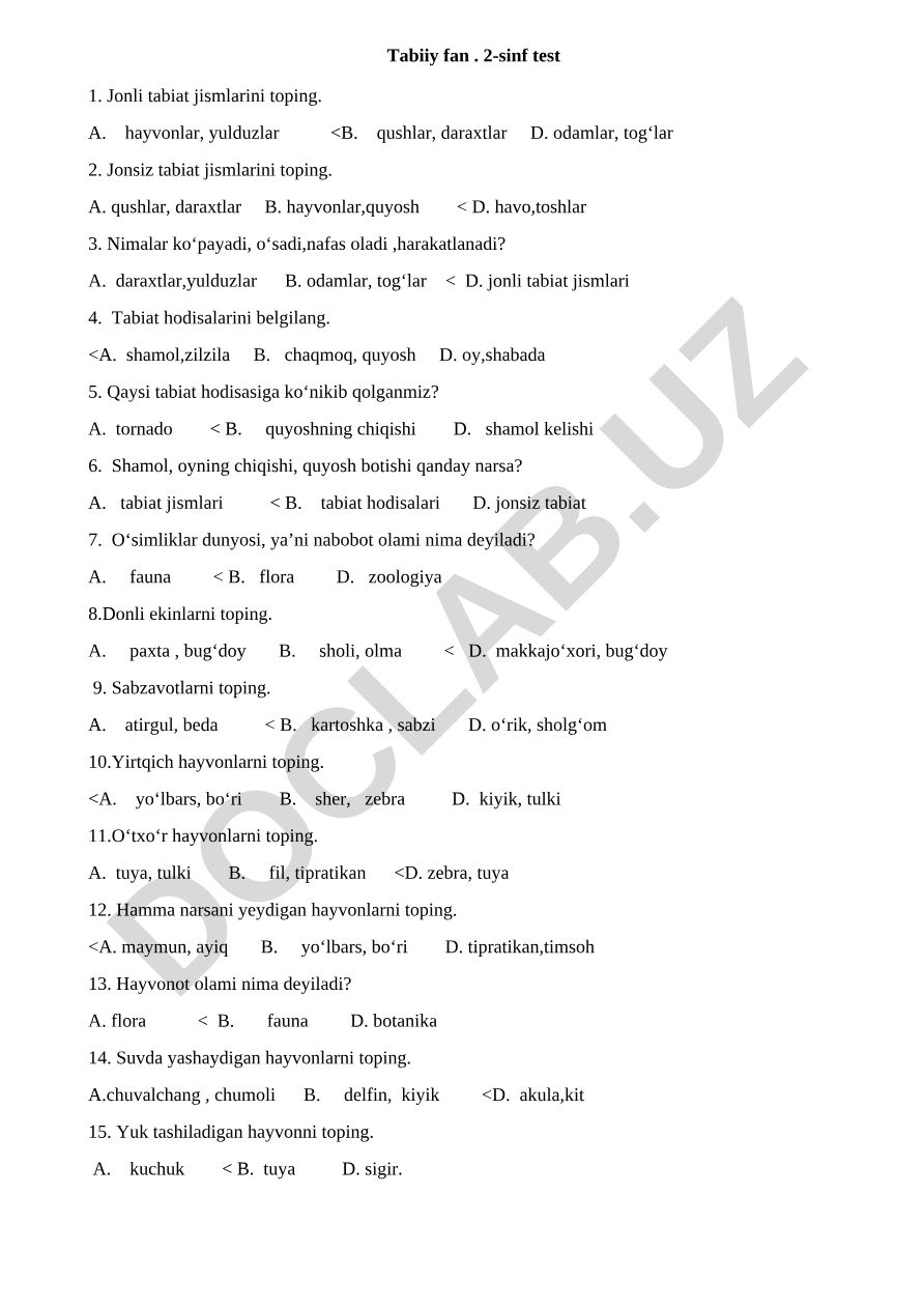 Tabiiy fan 2-sinf testi: Jonli va jonsiz tabiat, tabiat hodisalari, o'simliklar va hayvonlar